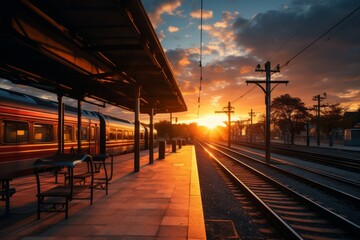 Train Stop At Railway Station With Sunset, Generative AI