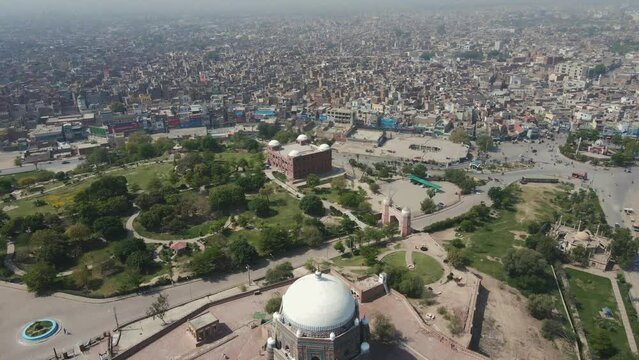 Aerial view of the Tomb of Hazrat Shah Rukn-e-Alam in Multan City in Punjab, Pakistan