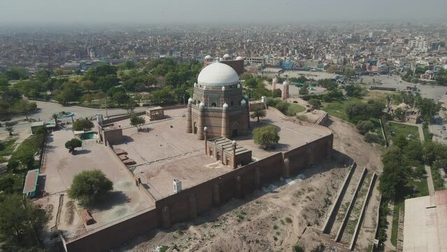 Aerial view of the Tomb of Hazrat Shah Rukn-e-Alam in Multan City in Punjab, Pakistan