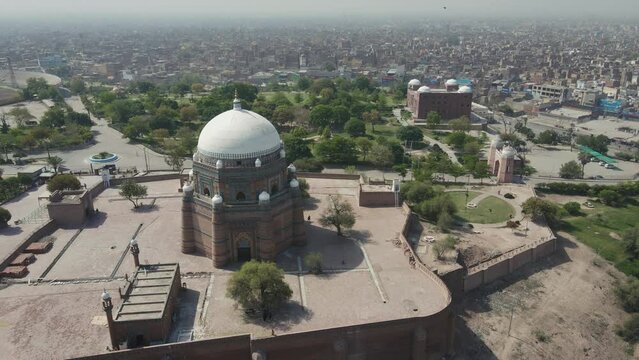 Aerial view of the Tomb of Hazrat Shah Rukn-e-Alam in Multan City in Punjab, Pakistan