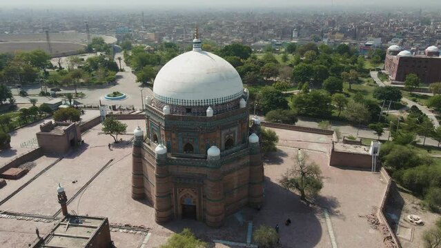 Aerial view of the Tomb of Hazrat Shah Rukn-e-Alam in Multan City in Punjab, Pakistan