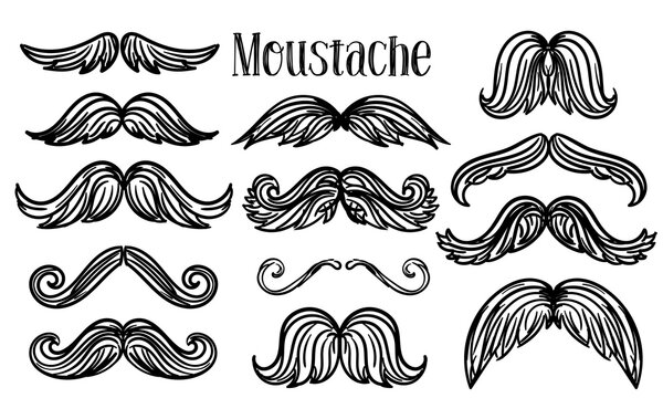A set of graphic icons with a hipster mustache in the grunge style. A large collection of mustaches with a linear texture. Vector illustration, elements for toppers for a holiday, a photo shoot Barber