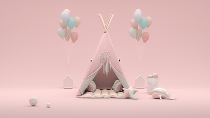 Tent camping with colorful bubble for kid on pastel pink background. Glamping, camping, and indoor outdoor relaxation activities. 3d render
