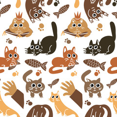 A pattern of vector drawings of cute cats. A collection of cartoon character designs with cats in a flat style in different poses and colors. A set of funny pets isolated on a white. Charismatic
