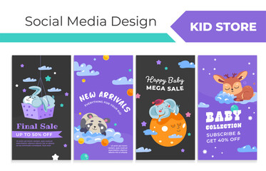 Fototapeta premium Social media stories set for kid store sale offer