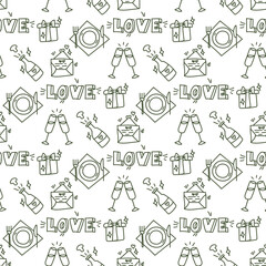 Wedding background. Seamless pattern with wedding elements to determine the arrival time of guests. Wedding symbols. Cartoon contour handmade wedding symbols on a white background. Contour icons