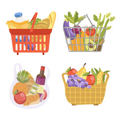 vector illustration of a grocery basket with vegetables and fruits