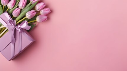Mother's Day concept. Top view photo of stylish pink giftbox with ribbon bow and bouquet of tulips on isolated pastel pink background with copyspace generative ai