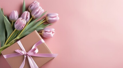 Mother's Day concept. Top view photo of stylish pink giftbox with ribbon bow and bouquet of tulips on isolated pastel pink background with copyspace generative ai