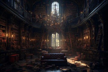 medieval library, gothic reading room interior with desks, old mysterious castle, fictional interior created with generative ai