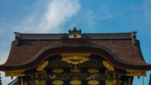 Nijo Castle Nijojo main entrance gold gate door tori of the palace Cloudy day timelapse moving zoom in