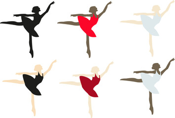 Vector ballerina silhouette set. Danding girl ballet. Woman in a ballet tutu. Female silhouettes in ballet dress. Dancing ballerinas set.