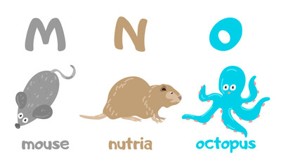 English alphabet with a set of vector illustrations of cute animals. A group of isolated uppercase letters with animals. Children's font for children ABC book symbols pack. Mouse, nutria, octopus