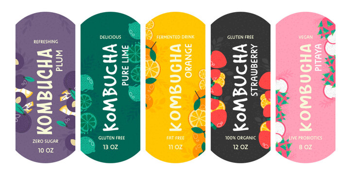 Bright sticker design set for kombucha package