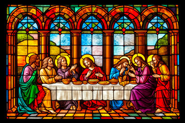 Breathtaking depiction of the Last Supper, Jesus and apostles in vivid stained-glass of a Catholic cathedral. Deeply emotive catechism. Generative AI - obrazy, fototapety, plakaty