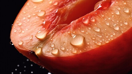 Generative AI, bright slice of juicy ripe peach and water drops, macro of summer fruit - obrazy, fototapety, plakaty