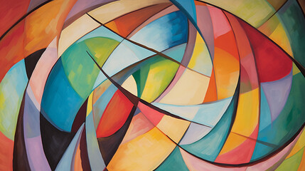 A colorful abstract painting constructed from arcs