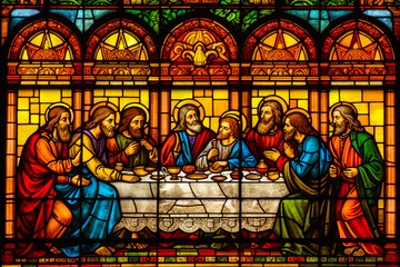 Breathtaking portrayal of Jesus and apostles in a vibrant stained glass from a Catholic cathedral for catechism purposes. Immerse in divine awe & storytelling. Generative AI