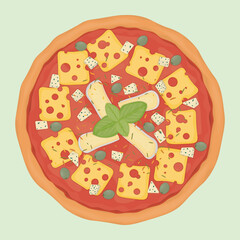 pizza with green olives, maasdam, blue and brie cheese