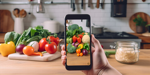 Woman hands take smartphone food photo of vegetables salad with tomatoes and fruits Generative Ai