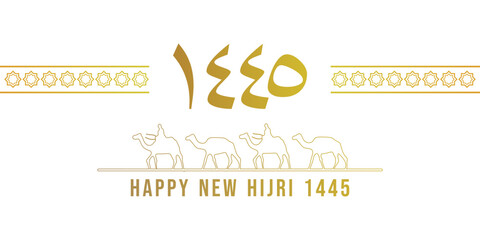 Happy new hijri year 1445 background with arabic letter, people on camel and muslim ornament. Islamic banner poster.