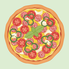 pizza with salami, mozzarella, paprika and fresh tomatoes