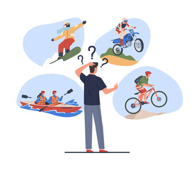 Man chooses from variety of outdoor activities snowboarding, kayaking, mountain biking or motorcycling. Summer extreme sport, adrenaline search cartoon flat style isolated png concept