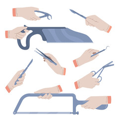 Hands in medical gloves hold surgical instruments. Flat steel tweezers, lancets, clamps and expanders, cutting operation process, steel tools for surgeon, doctor equipment nowaday png set