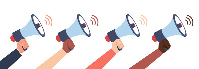 Set of different hands with megaphones. Loudspeaker in people arms, sound attention equipment, advertising or promotion tools, audio broadcasting, cartoon flat isolated illustration. png set