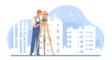 Surveyor takes measurements with equipment at site under construction. Professional engineer with geodetic device, level theodolite on tripod, cartoon flat isolated illustration. png concept