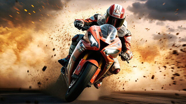 Racing sport Moto racer is an extreme sport that involves high-speed racing on Motogp championship.Man on a motorbike at high speed leaning in the curve. Circuit track Background poster. Generative AI