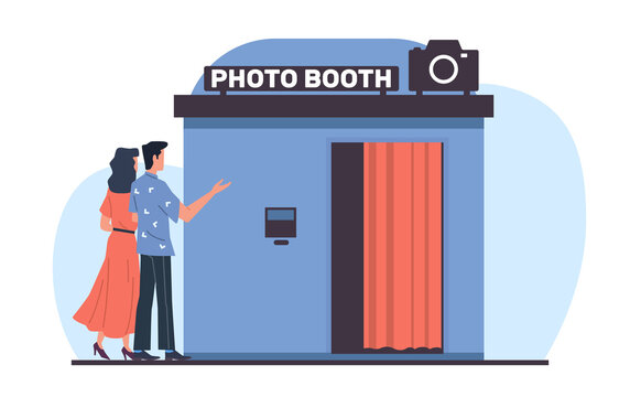Man offers woman to take cards together in photo booth. Happy romantic hugging couple, celebrating relationship anniversary, entertainment on date cartoon flat isolated png concept