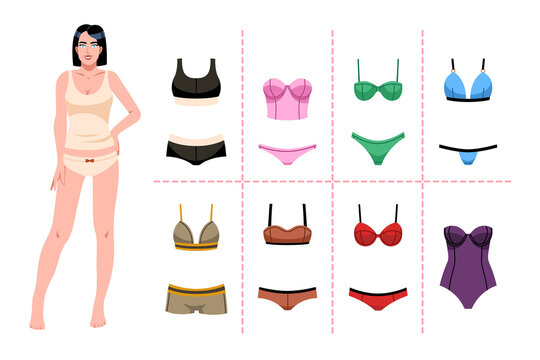 Girl And Underwear. Cartoon Flat Style Isolated Beautiful Woman In Panties And Top, Slim Figure, Fashionable Paper Doll, Swimwear And Bikini Kit, Cute Underpants And Bra, Tidy Png Set