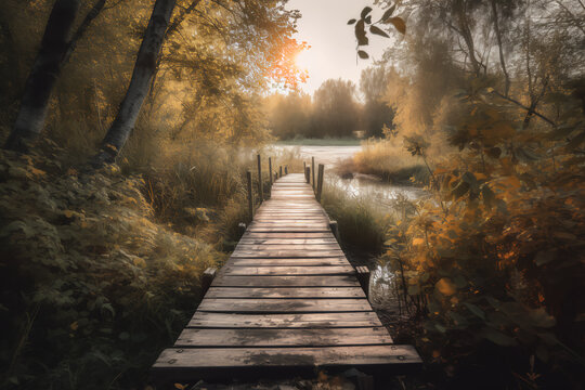 Artistic composition depicting a path in the autumn forest near the river. Generated by AI