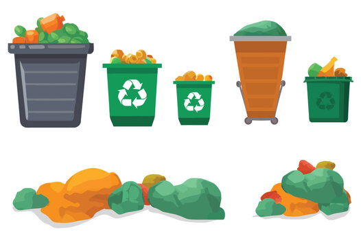 Trash Bins and Rubbish Sacks collection. Bins full with Refuse and Garbage Bags Vector Set