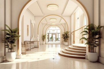 A luxurious hall adorned with marble walls and a grand staircase illuminated by a dazzling window, inviting one to embark on a majestic journey