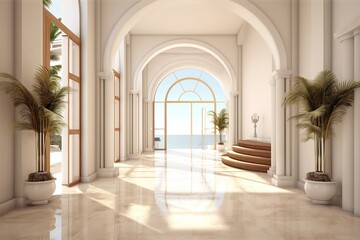 A luxurious marble corridor adorned with majestic palm trees invites the viewer into a world of grandeur and opulence