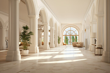 Fototapeta na wymiar An opulent hall of marble columns and a grand window that offers a glimpse into a luxurious, pristine white space