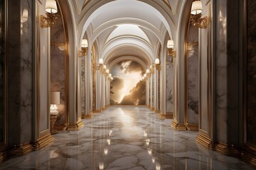 Obraz premium A luxurious hallway of marble walls and flooring beckons with an inviting air of grandeur and opulence
