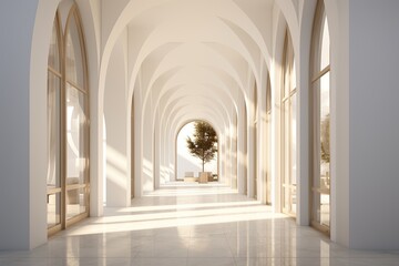 Fototapeta na wymiar A luxurious marble hallway with grand arched windows and a majestic tree, beckoning visitors into a timeless world of elegance and grace