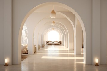 Obraz premium A luxurious hallway of marble arches and plush couches exudes elegance and invites visitors to wander down its opulent corridor
