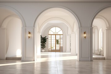 Fototapeta na wymiar A luxurious hallway with arched doorways and a majestic marble floor adorned with a vibrant plant, invites one to explore its serene white walls