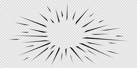 Black radial lines. Boom, burst, explosion, flash rays effect in manga comic book. Surprise, attention, impact, superhero phenomenon graphic anime design on transparent background. Vector illustration