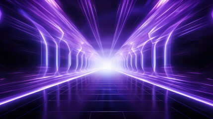 Abstract purple tunnel corridor with rays of light background. abstract background with neon lights. neon tunnel.space construction