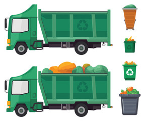 Green Garbage truck and various types of trash bin isolated on white background. garbage truck and dustbin with rubbish. Ecology and recycle concept Vector illustration.