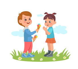 Boy treats girl to ice cream. Giving sweet dessert to friend. Sharing ice-cream. Happy time together outdoors. Children walking, cartoon flat isolated illustration. png friendship concept