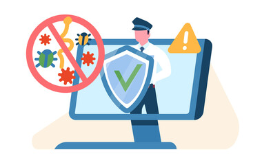 Computer security, protecting your computer from viruses and malware. Privacy information, access data confidential, network protection. Laptop software. Cartoon flat png concept