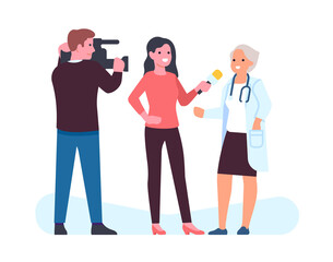 Cameraman and anchorwoman of news channel interview medical expert, doctor answers journalists questions. Report about health, press conference Cartoon flat style isolated png concept