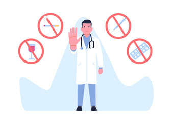 Doctor warns about dangers of smoking, alcohol and drugs. Bad habits, bad health effects, warning information for patient, unhealthy lifestyle. Cartoon flat style isolated png concept