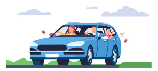 Driver and passengers are throwing garbage out car window. Bad behavior, environmental pollution, garbage on road in city, people littering. Cartoon flat style isolated png concept